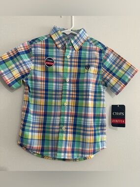 Chaps Green Blue Yellow Plaid Short-Sleeve Button-Down Shirt